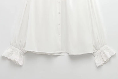 TRAF 2025 Woman Fashion Casual Breathable Hollowed Out Embroidered Top Slim Single Breasted Shirts Spring