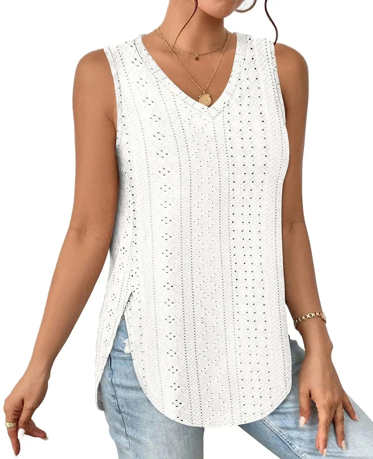 Spring Summer New Pure Color V-neck Slit T-shirt Vest Women Cross-Border Independent Station Sleeveless Polyester Fiber