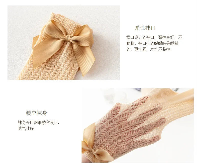 Summer Mesh Baby Girls Socks Cute Big Bows Soft Cotton Elastic White Red Newborn Stockings Knee High Long for Toddler Socks