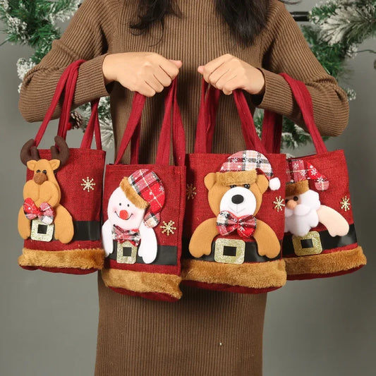 Shop Festive Cartoon Linen Gift Bags - Santa, Deer & Snowman Designs