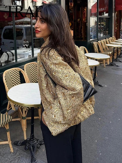 Shop Women's Gold Sequin Jacket - Stand Collar, Long Sleeve, Short Coat for Autumn/Winter