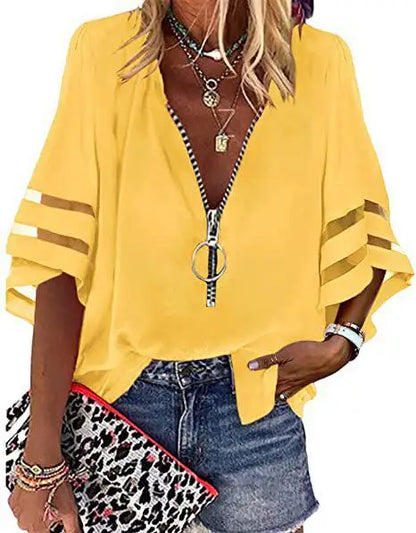 Women's Casual Loose V-neck Half-flat Sleeve Blouse 2025 Spring Summer Tops Streetwear Ladies Spliced zipper Solid Shirts
