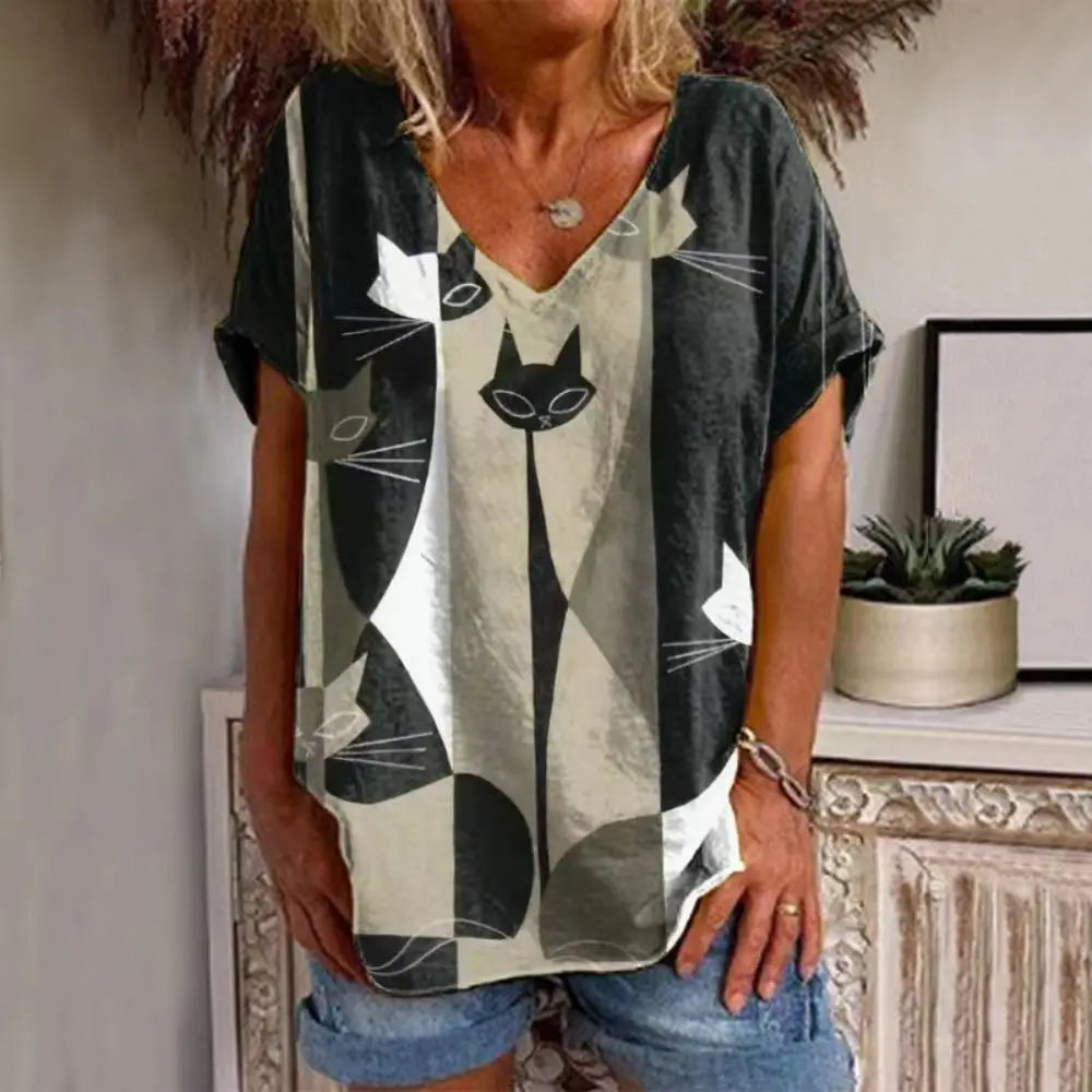 Fashion Woman Blouses 2022 T-shirt Women's 3d Cats Print Black Kawaii V-neck T Shirt Female Clothing Oversized Summer Tops Tees