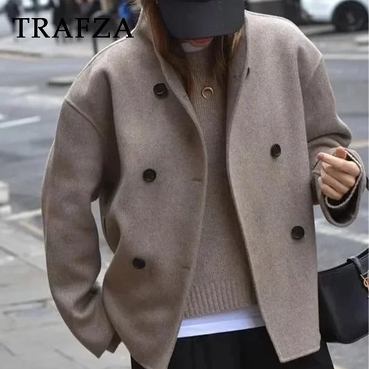 Shop Women's Woolen Coat - Casual, Double Breasted, Turtleneck Jacket