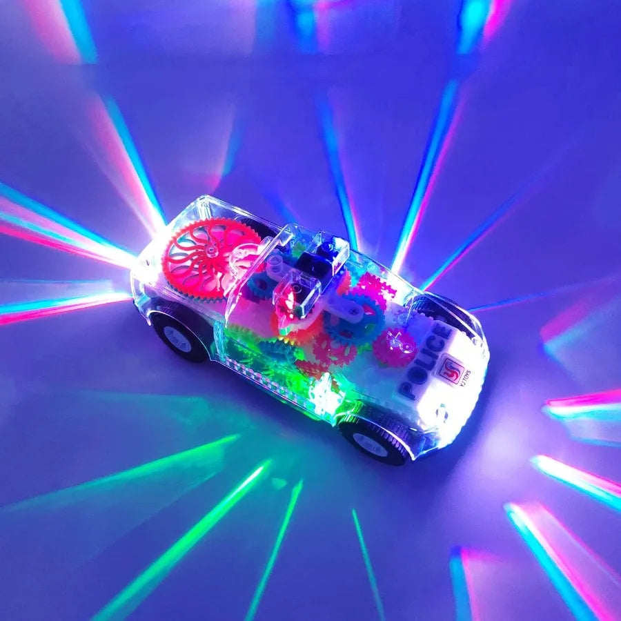 Light Up Transparent Gears Police Car Toy for Kids Bump and Go Toy Car for Boys Girl Educational Baby Toys Car Music LED Effects