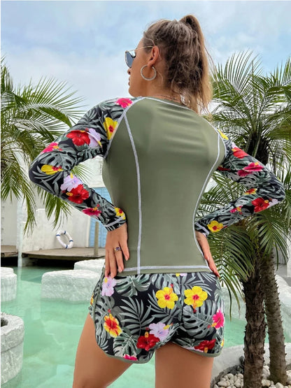 Shop Tropical Print Tankini Bikini Set with Long Sleeve and Shorts