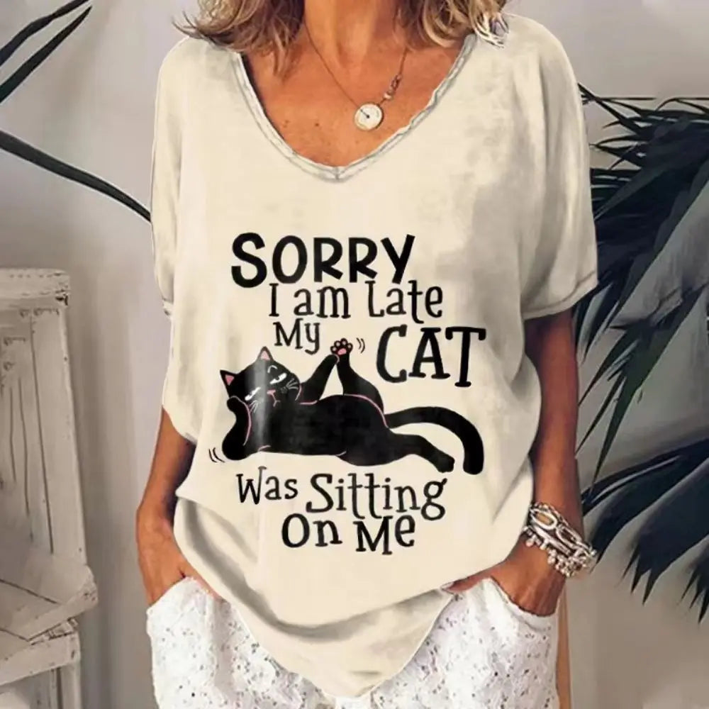 Fashion Woman Blouses 2022 T-shirt Women's 3d Cats Print Black Kawaii V-neck T Shirt Female Clothing Oversized Summer Tops Tees