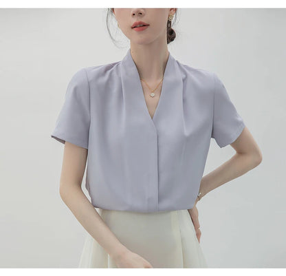 2025 Fashion Summer Short Sleeve V-Neck Women Blouse White Blouse Shirt Women Tops Blouses Shirts Blusas Para Mujer Camisas XL86