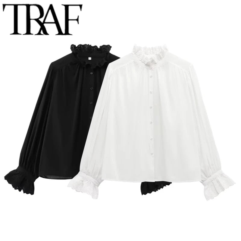 TRAF 2025 Woman Fashion Casual Breathable Hollowed Out Embroidered Top Slim Single Breasted Shirts Spring