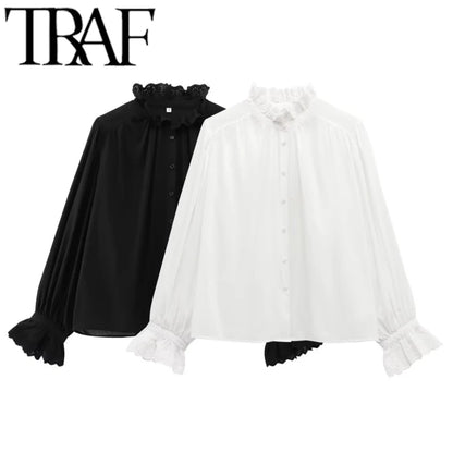 TRAF 2025 Woman Fashion Casual Breathable Hollowed Out Embroidered Top Slim Single Breasted Shirts Spring