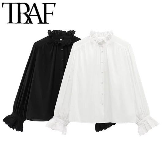 TRAF 2025 Woman Fashion Casual Breathable Hollowed Out Embroidered Top Slim Single Breasted Shirts Spring