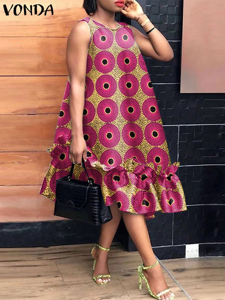 VONDA Bohemian Dress Women Printed Sleeveless Summer Sundress 2025 Loose Casual Ruffled Party Vestidos Oversized Mid-Calf Robe