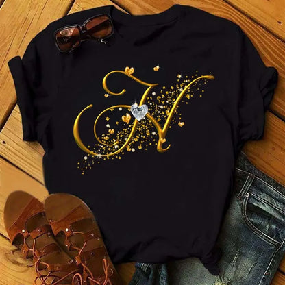 Custom Name Letter Combination Fashion Women T-shirt Diamond Gold Letter Font A B C D E F G Short Sleeve Tops Black T-shirt