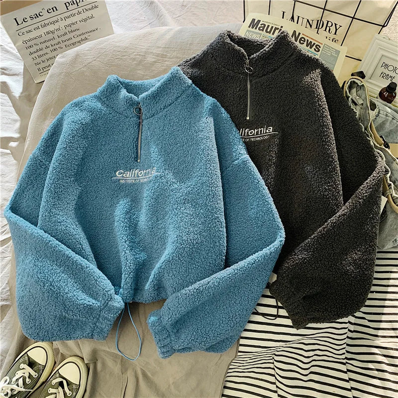 Shop Women's Fleece Cropped Hoodie - Embroidered Stand Neck Sweatshirt