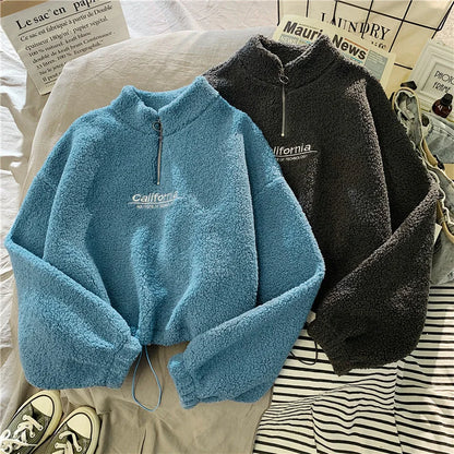Shop Women's Fleece Cropped Hoodie - Embroidered Stand Neck Sweatshirt