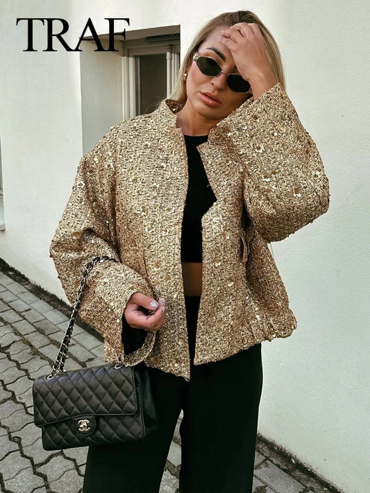 Shop Women's Gold Sequin Jacket - Stand Collar, Long Sleeve, Short Coat for Autumn/Winter