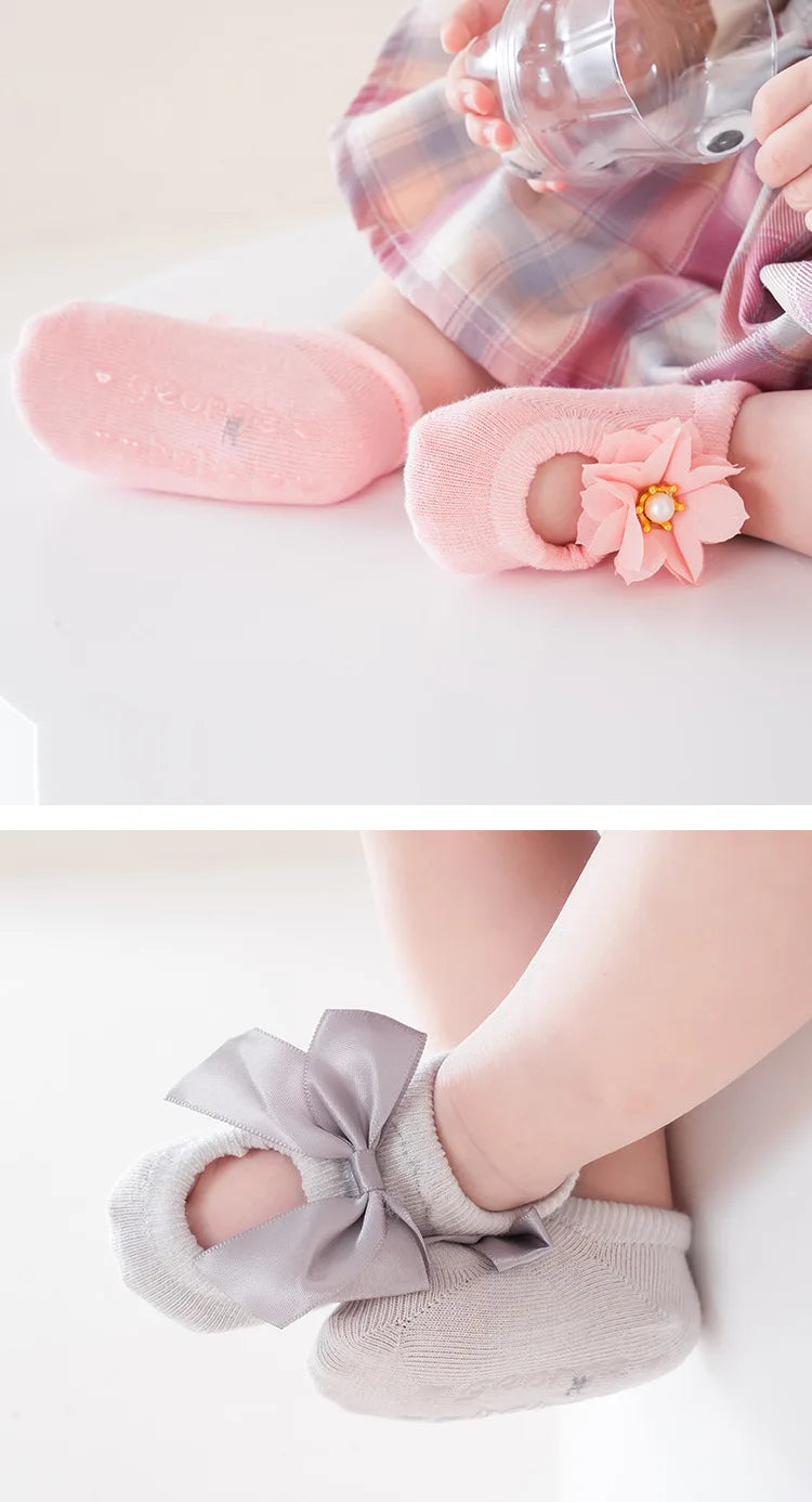3 Pairs Baby Girl Ankle Socks Lace Bow Infant Anti Slip Socks Newborn Princess Pearl Low Cut Socks Children Home Floor Shoes