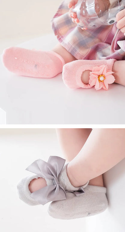 3 Pairs Baby Girl Ankle Socks Lace Bow Infant Anti Slip Socks Newborn Princess Pearl Low Cut Socks Children Home Floor Shoes