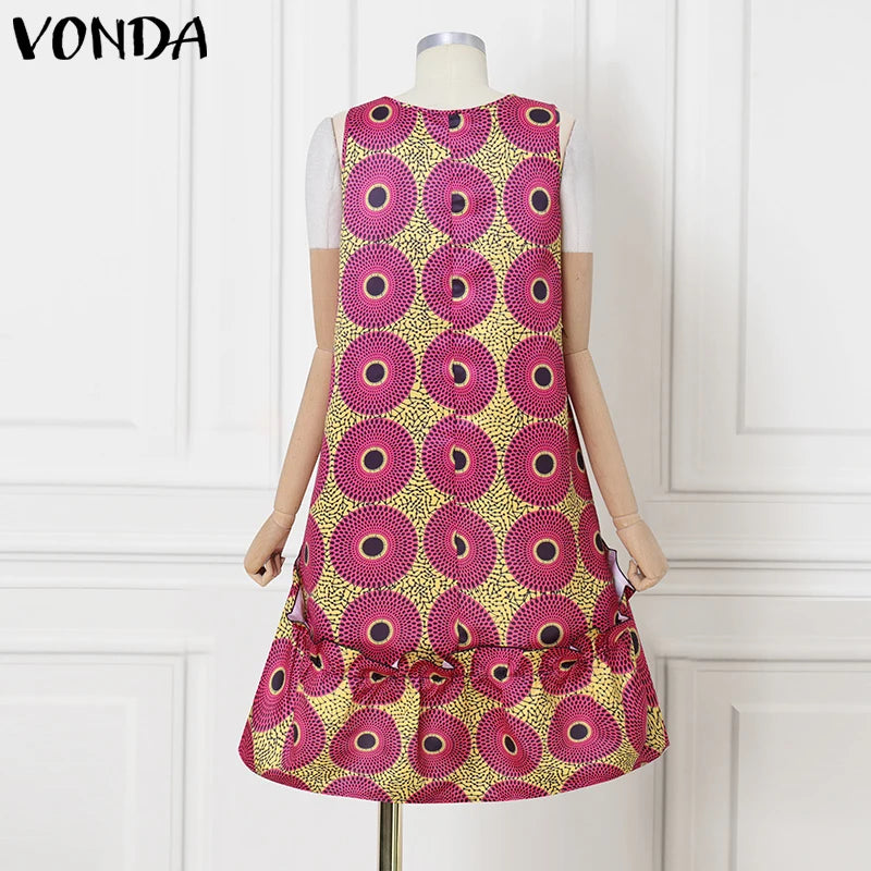 VONDA Bohemian Dress Women Printed Sleeveless Summer Sundress 2025 Loose Casual Ruffled Party Vestidos Oversized Mid-Calf Robe