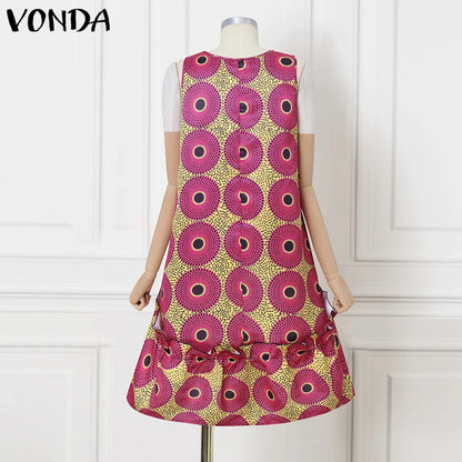 VONDA Bohemian Dress Women Printed Sleeveless Summer Sundress 2025 Loose Casual Ruffled Party Vestidos Oversized Mid-Calf Robe